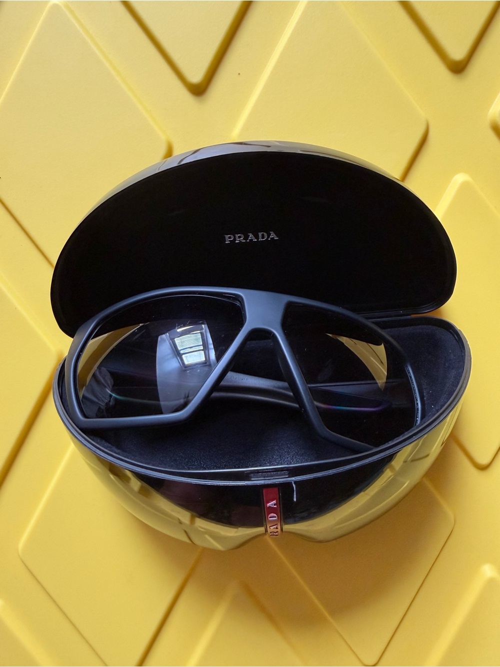 Prada Black Shield Sunglasses with Glossy Case
